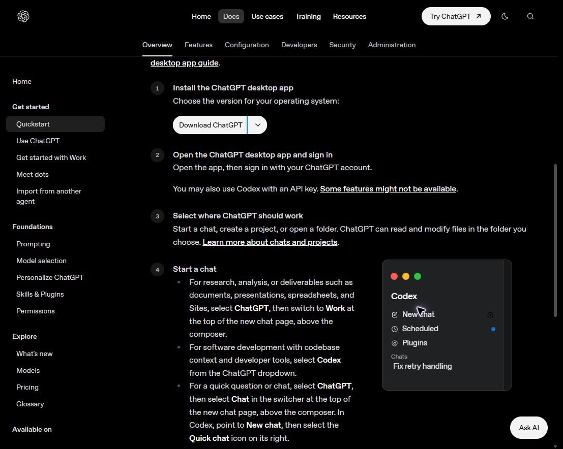 Официальная инструкция OpenAI: загрузка настольного приложения. После входа выбери Codex.